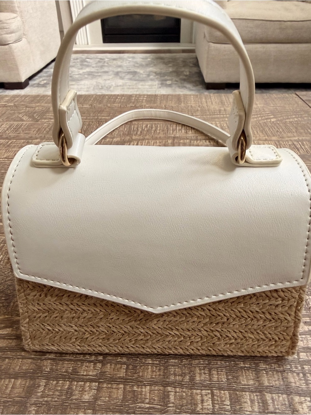 White and Natural Straw Top-Handle Women's Bag